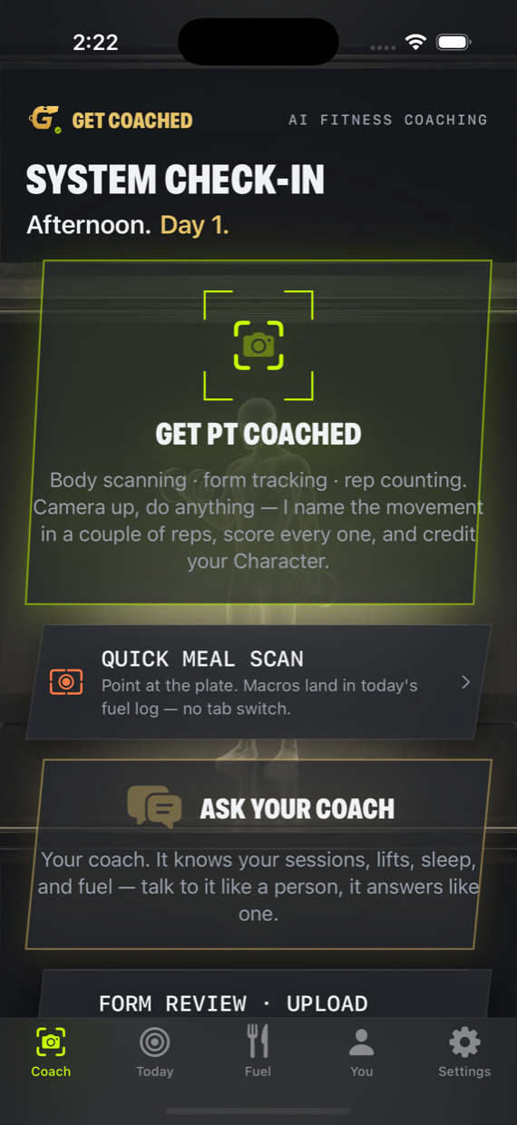 Coach tab: system check-in and camera coaching