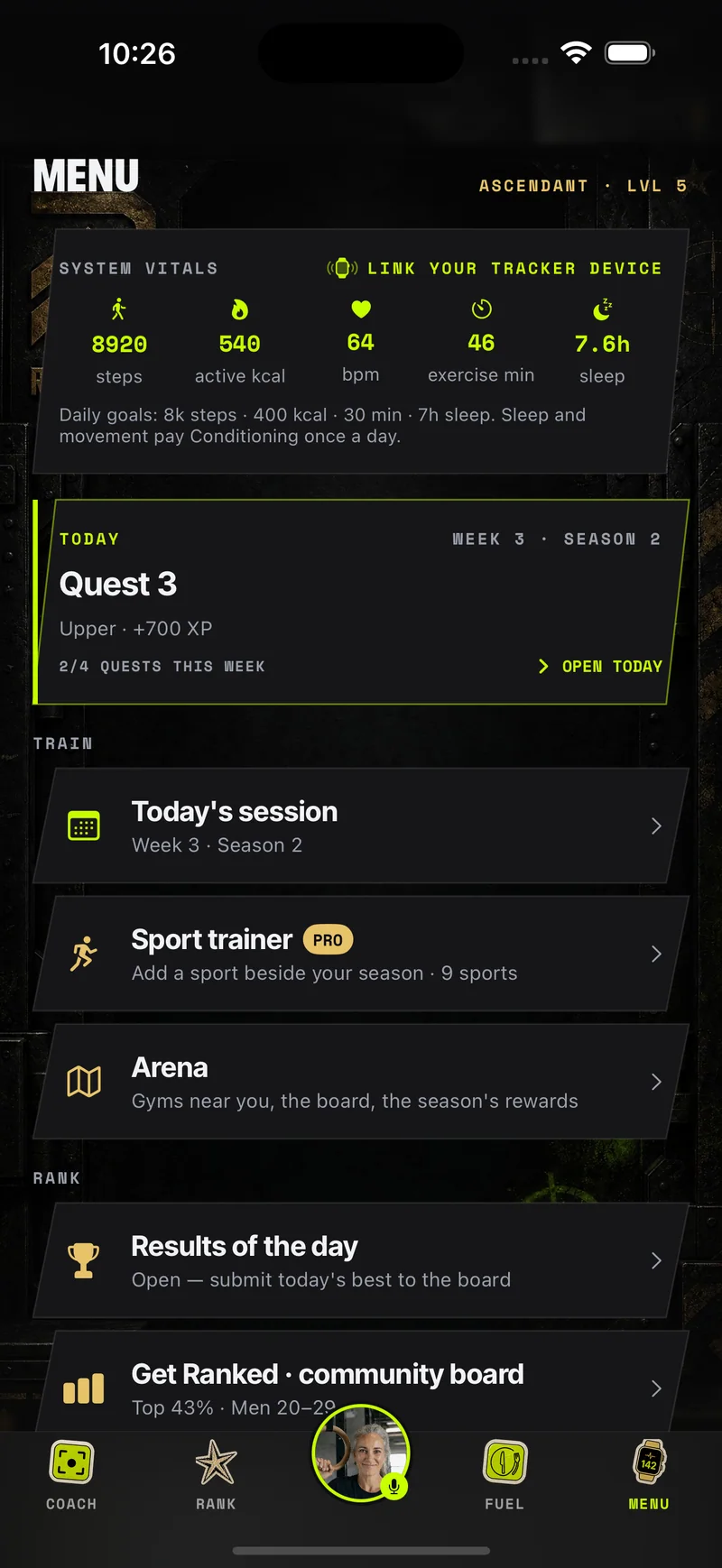 RANKED IRL Menu with System Vitals: steps, active kcal, heart rate, exercise minutes, sleep