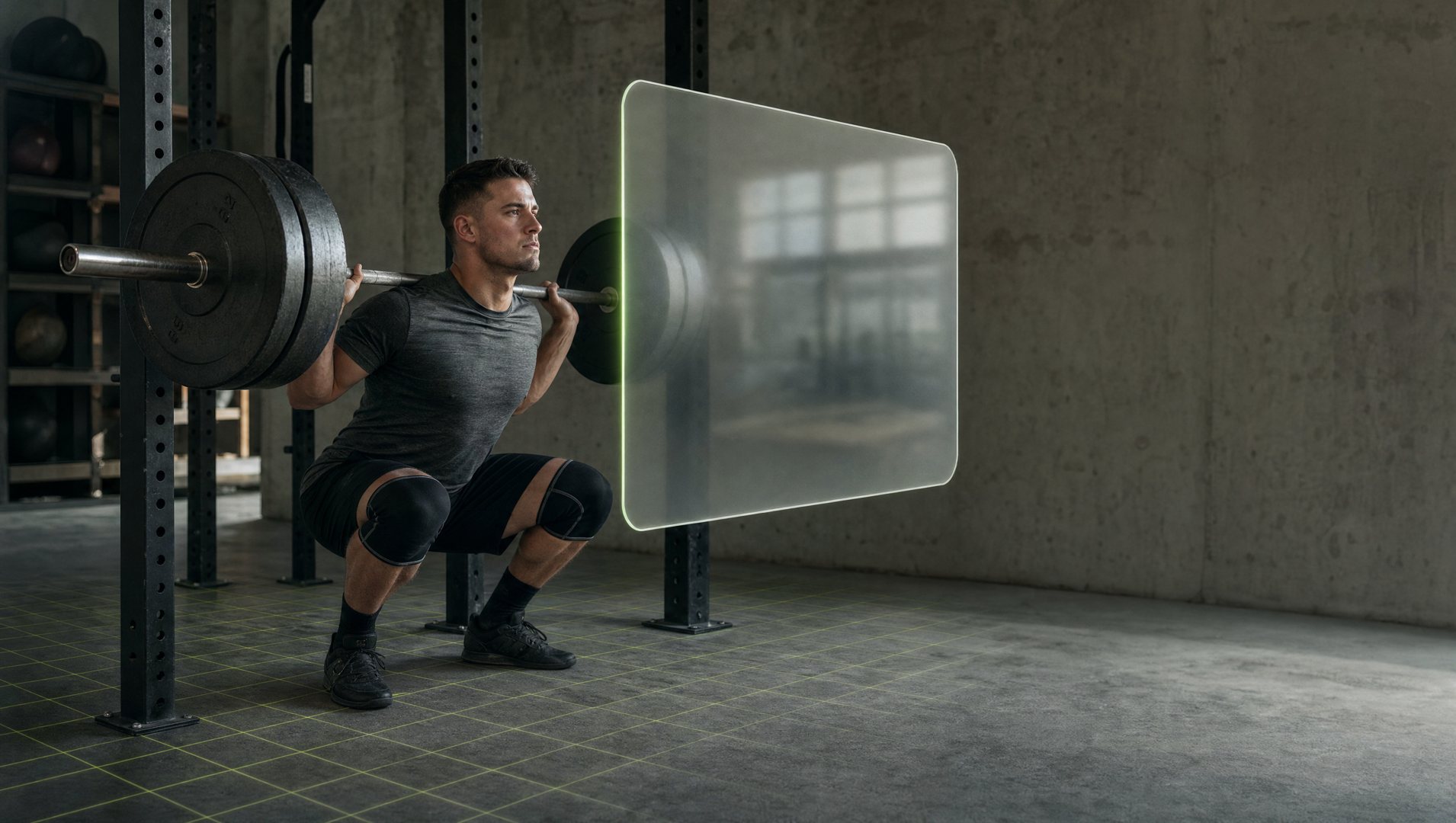 A lifter mid-squat with the Coach Camera skeleton overlay